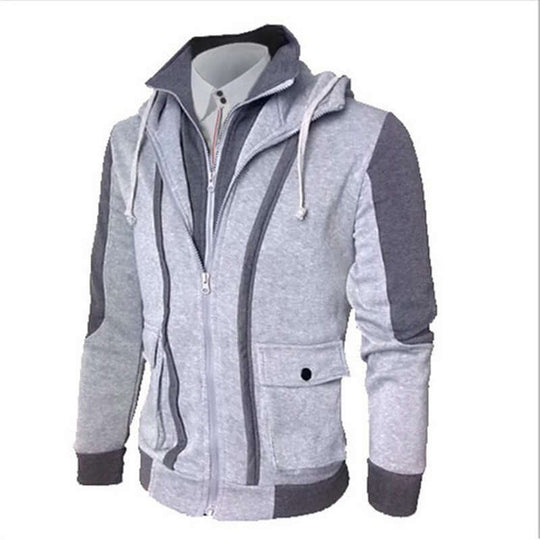 Casual Men Jackets Coats featuring a hooded design, grey cotton fabric, casual style for youth, suitable for spring and autumn.