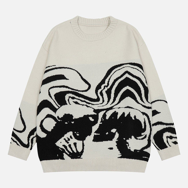 Men's and women's sweaters featuring a dark style knitwear design with abstract skull patterns in black and white.