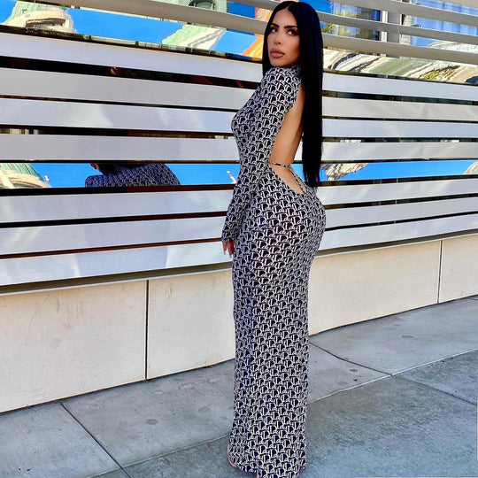 Fashion Mesh Sheer Print Open Back Dress