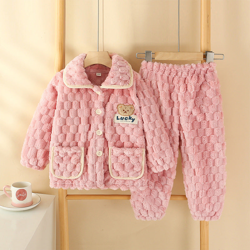 Children's Pajamas Autumn Flannel Home in soft pink color, featuring a cozy jacket and pants set for kids.