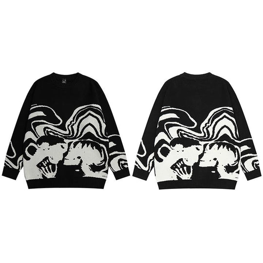 Dark style knitwear sweaters featuring a unique skull pattern in black and white on a loose pullover design.