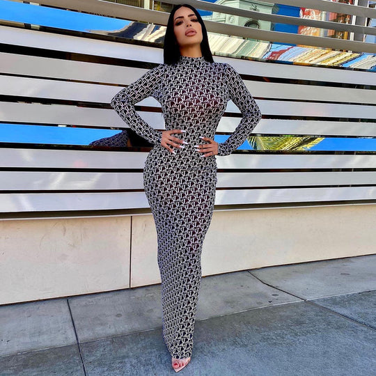 Fashion Mesh Sheer Print Open Back Dress