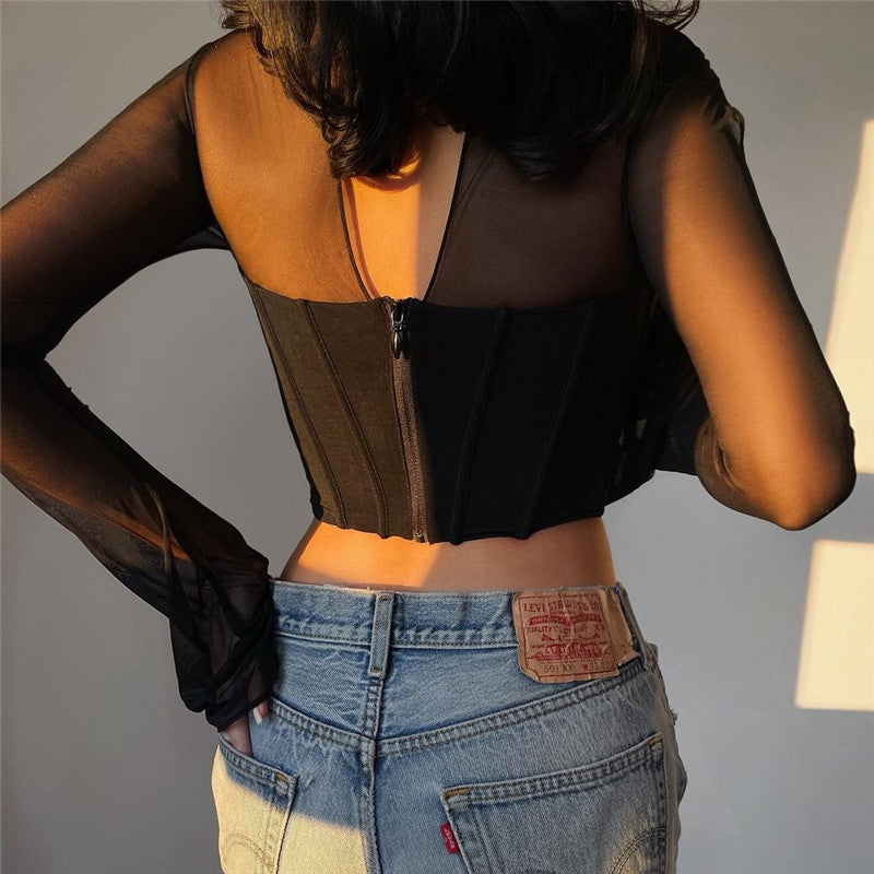 Balık Kılçığı Korse Sırtı Fermuarlı Fileli Atlet