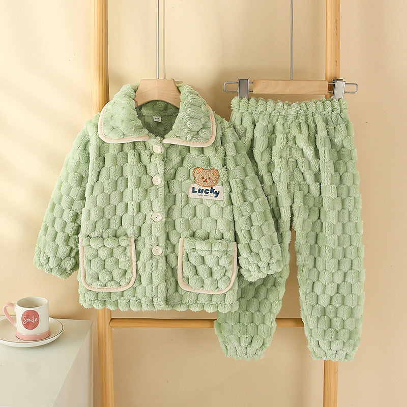 Children's Pajamas Autumn Flannel Home set in light green color, featuring soft texture and cozy design for kids.