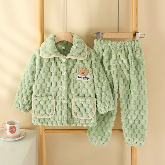 Children's Pajamas Autumn Flannel Home set in light green color, featuring soft texture and cozy design for kids.