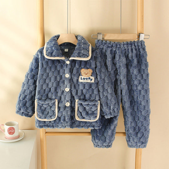 Children's Pajamas Autumn Flannel Home in light blue with plush texture, suitable for chilly nights.