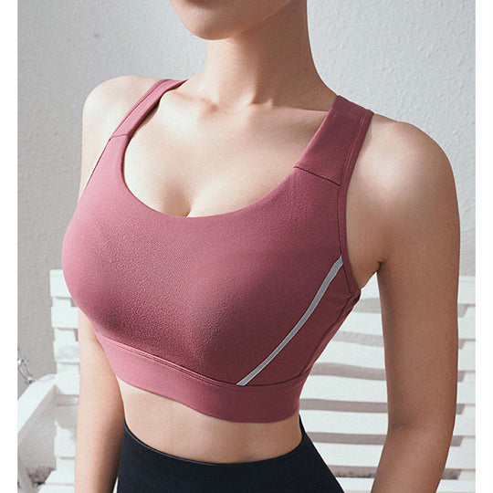The New Beauty Back Mesh Breathable Quick-drying Shockproof sports bra in brick red color, featuring fixed double shoulder straps.